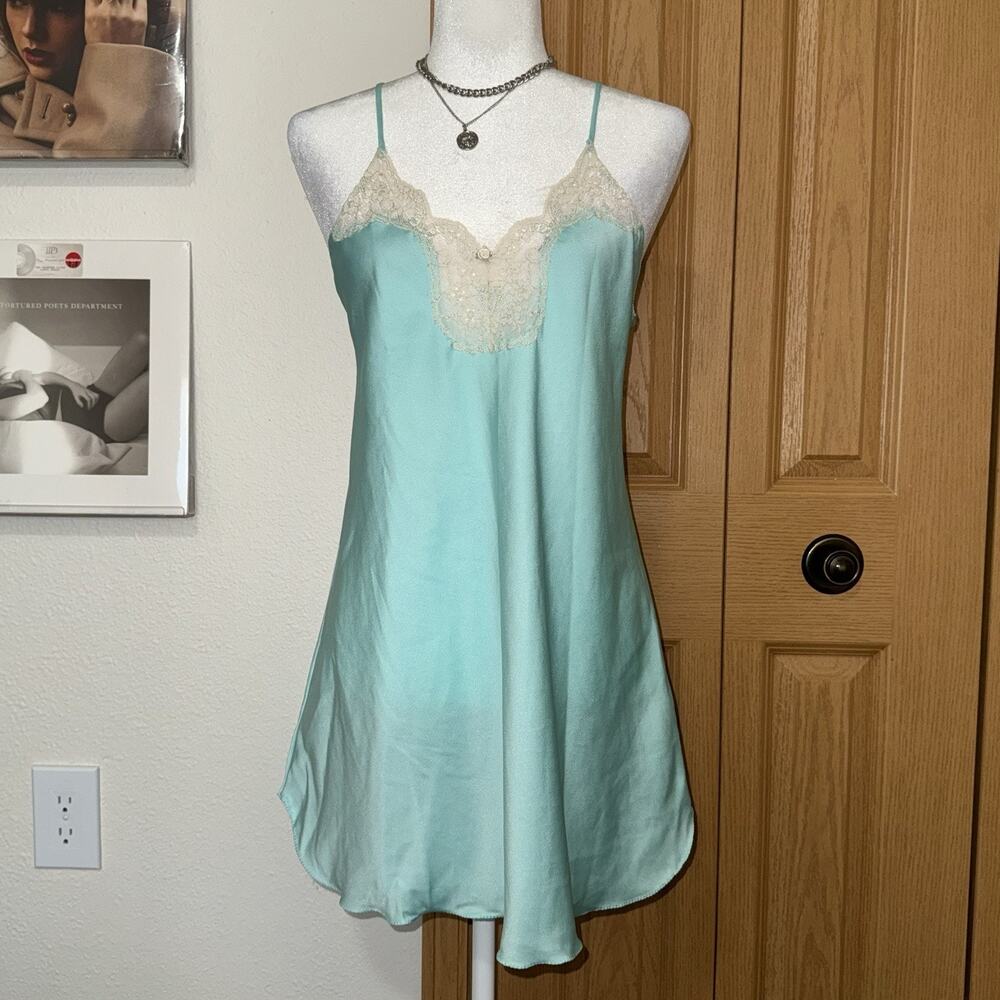 Vintage 90s Victoria’s Secret Slip Dress Women’s Medium Teal Blue Coquette Lace